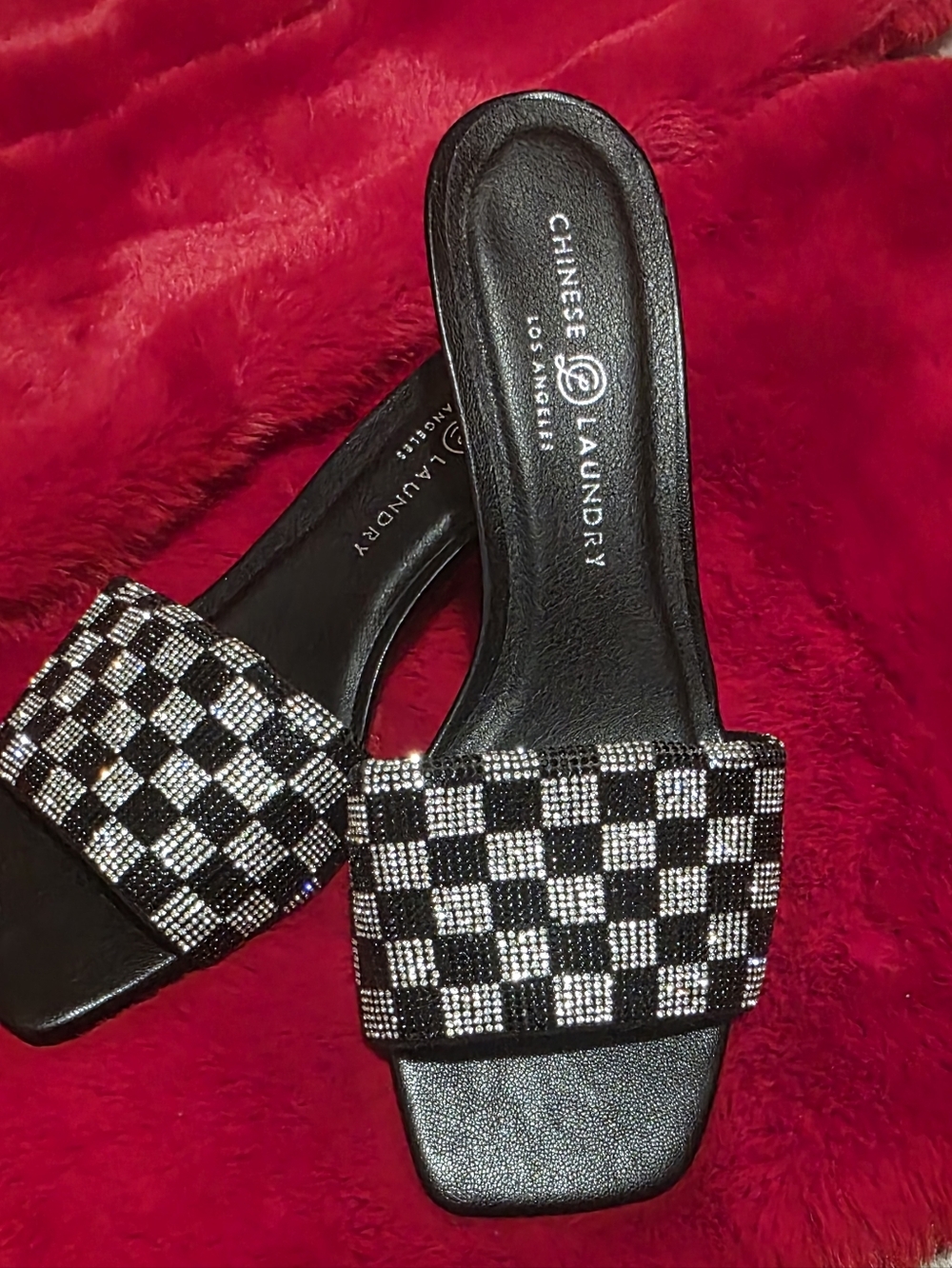 Chinese Laundry Black and Silver Checkered Rhinestone Slide Mules